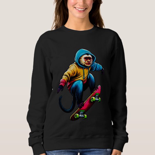 Cooler Illustrat von Funky Capuchin Monkey Skatebo Sweatshirt (Vorderseite)