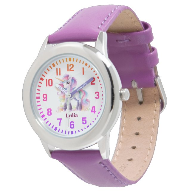 Cooler Individuelle Name Rainbow Unicorn Armbanduhr (Schrägansicht)