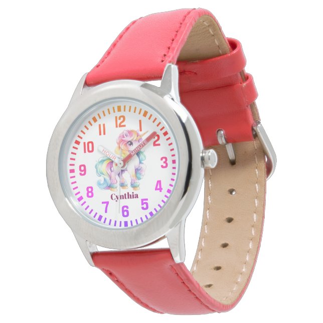 Cooler Individuelle Name Rainbow Unicorn Armbanduhr (Schrägansicht)