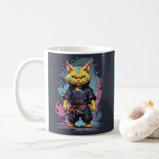 Cooler Katzenkrieger mit gelber Wasserfarbe Kaffeetasse (Mit Donut)