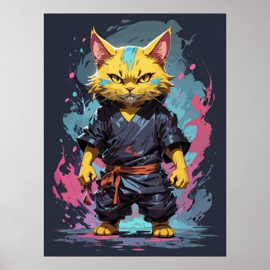 Cooler Katzenkrieger mit gelber Wasserfarbe Poster (Vorne)