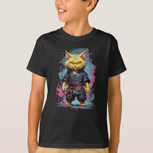 Cooler Katzenkrieger mit gelber Wasserfarbe T-Shirt (Vorderseite)