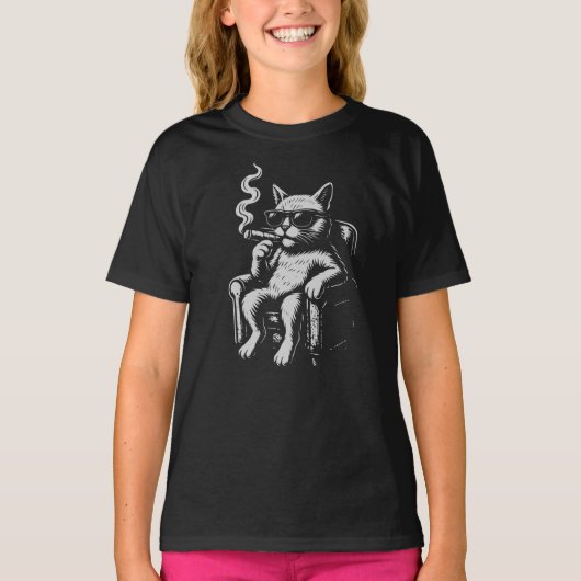 Cooler Katzenuntergang mit Zigar T-Shirt (Vorderseite)