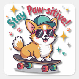 Cooler Kawaii Corgi auf einem Skateboard Quadratischer Aufkleber