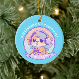 Cooler Kawaii Weihnachts-Gamer-Girl-Hund in Blauer Keramik Ornament