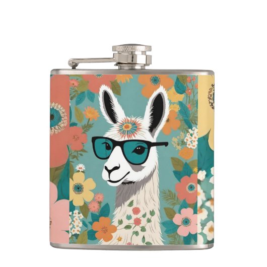 Cooler Lama mit Sonnenbrille floral Flachmann (Vorderseite)