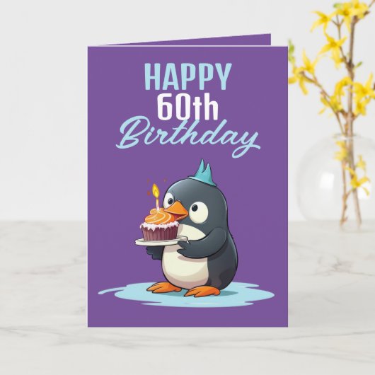 Cooler Lila und weißer Penguin Husband 60. Geburts Karte (Gelbe Blume)