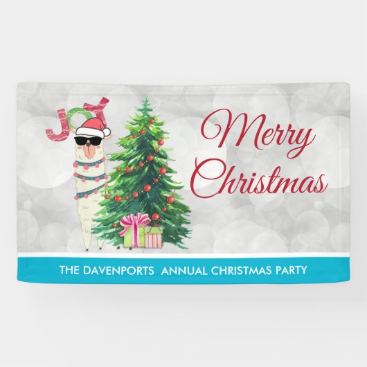 Cooler Llama auf Silver Bokeh & Icy Blue Christmas Banner (Horizontal)