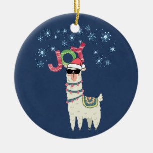 Cooler Llama in Weihnachtsmannmütze mit Schneefloc Keramik Ornament