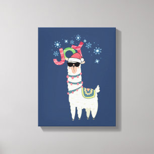 Cooler Llama in Weihnachtsmannmütze mit Schneefloc Leinwanddruck