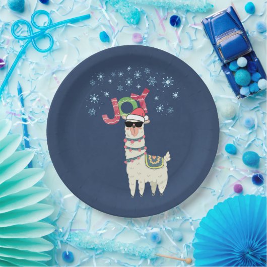Cooler Llama in Weihnachtsmannmütze mit Schneefloc Pappteller (Party)