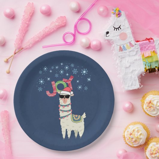 Cooler Llama in Weihnachtsmannmütze mit Schneefloc Pappteller (Party)