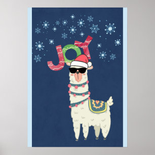 Cooler Llama in Weihnachtsmannmütze mit Schneefloc Poster