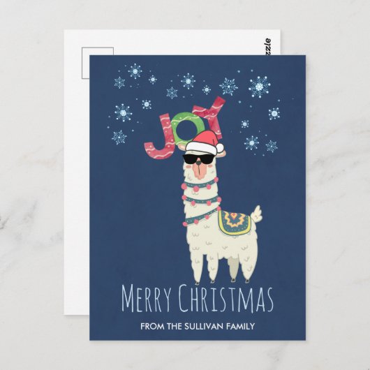 Cooler Llama in Weihnachtsmannmütze mit Schneefloc Postkarte (Vorne/Hinten)