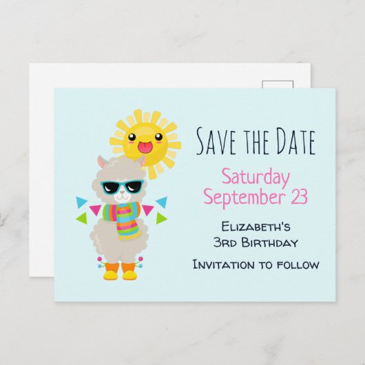 Cooler Llama und lächelnd Kawaii Sun Save the Date Einladungspostkarte (Vorne/Hinten)