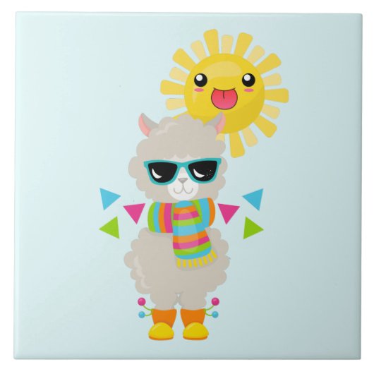 Cooler Llama und lächelnde Kawaii Sun Fliese (Vorderseite)