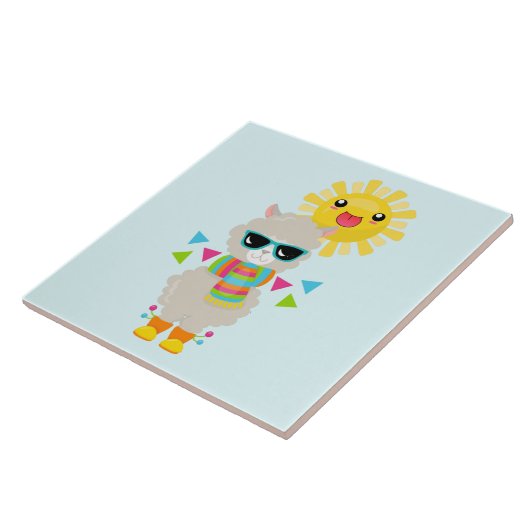 Cooler Llama und lächelnde Kawaii Sun Fliese (Seite)