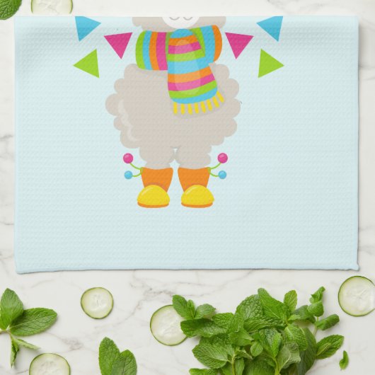 Cooler Llama und lächelnde Kawaii Sun Geschirrtuch (Gefaltet)