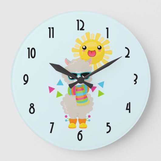 Cooler Llama und lächelnde Kawaii Sun Große Wanduhr (Vorderseite)