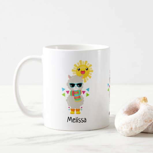 Cooler Llama und lächelnde Kawaii Sun Kaffeetasse (Mit Donut)