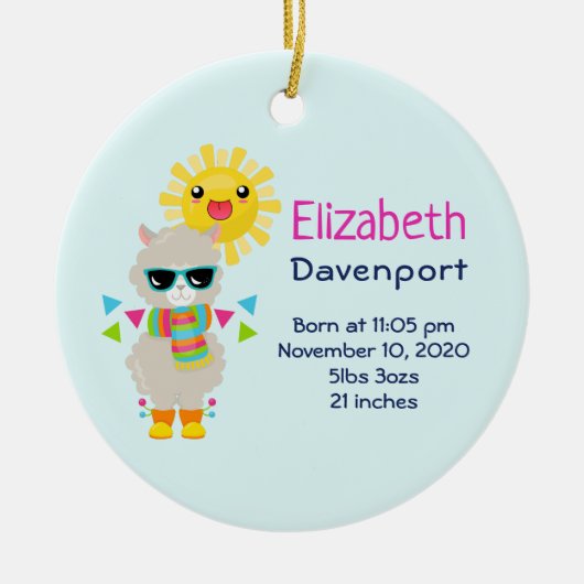 Cooler Llama und lächelnde Kawaii Sun Keramik Ornament (Vorne)