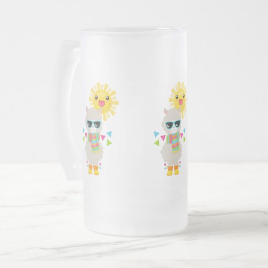 Cooler Llama und lächelnde Kawaii Sun Mattglas Bierglas (Vorderseite Links)