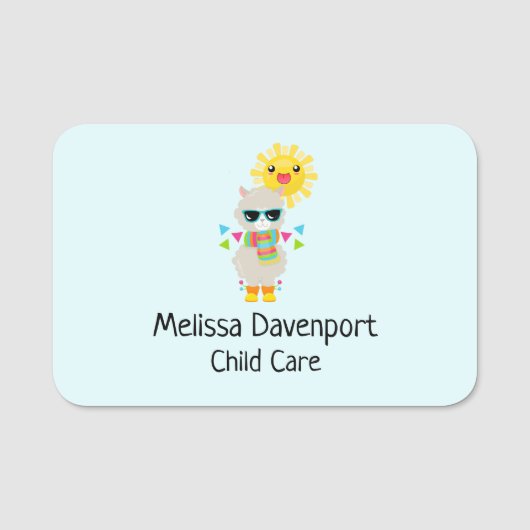Cooler Llama und lächelnde Kawaii Sun Namensschild (Vorderseite)
