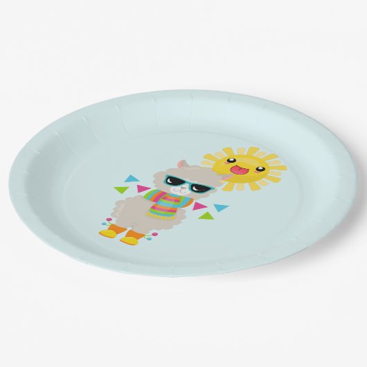 Cooler Llama und lächelnde Kawaii Sun Pappteller (Schrägansicht)