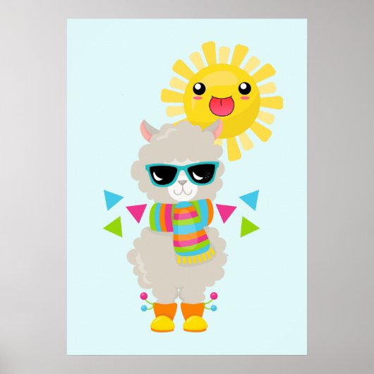 Cooler Llama und lächelnde Kawaii Sun Poster (Vorne)