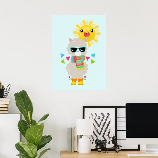 Cooler Llama und lächelnde Kawaii Sun Poster (Heimbüro)