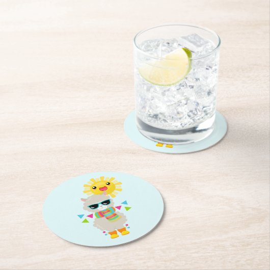 Cooler Llama und lächelnde Kawaii Sun Runder Pappuntersetzer (Vor Ort)