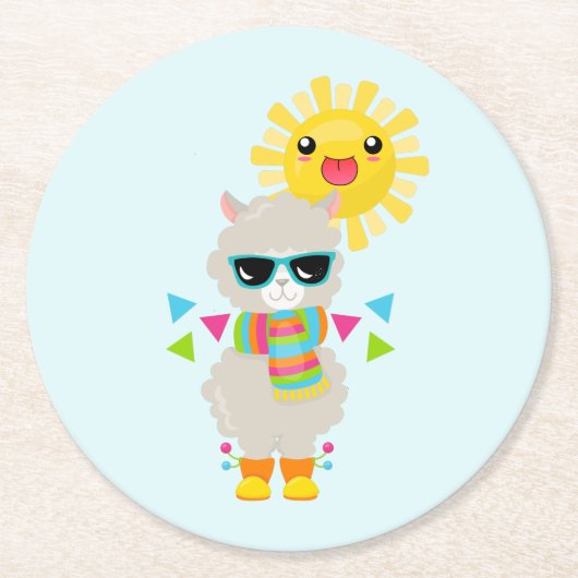 Cooler Llama und lächelnde Kawaii Sun Runder Pappuntersetzer (Vorderseite)