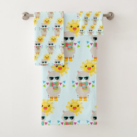 Cooler Llama und lächelndes Kawaii-Sonnenmuster Badhandtuch Set (Insitu)
