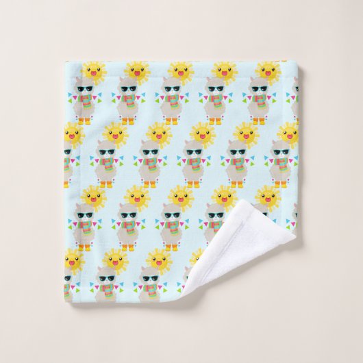 Cooler Llama und lächelndes Kawaii-Sonnenmuster Badhandtuch Set (Waschlappen)