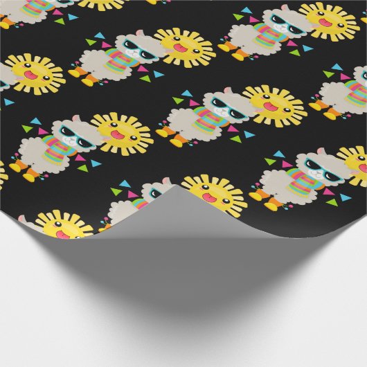 Cooler Llama und lächelndes Kawaii-Sonnenmuster Geschenkpapier (Ecke)