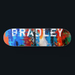 Cooler, moderner, Abstrakter Individuelle Name Skateboard<br><div class="desc">Cool Modern Abstrakte Individuelle Name Skateboard bietet Ihren personalisierten Namen in der modernen Typografie auf einem abstrakten Hintergrund in Rot, Orange, Blau, Grün, Schwarz und Weiß. Personalisieren Sie diese, indem Sie den Text in dem dafür vorgesehenen Textfeld bearbeiten. Geben Sie Ihrem Lieblingskateboarder zu Weihnachten, Geburtstag oder Ihrer BESTE FREUNDIN ein...</div>