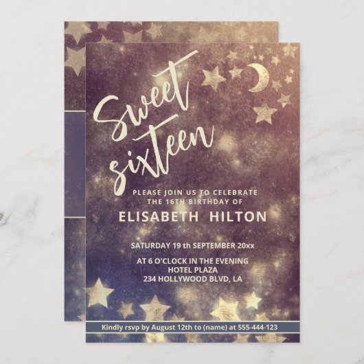 Cooler moderner Himmelsmond und Sterne süß 16 Einladung (Vorne/Hinten)