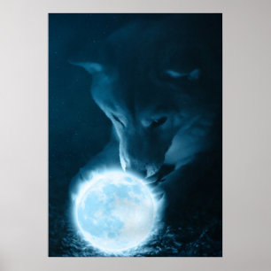 Cooler mystischer Fantasiewolf, der den Mond hält Poster