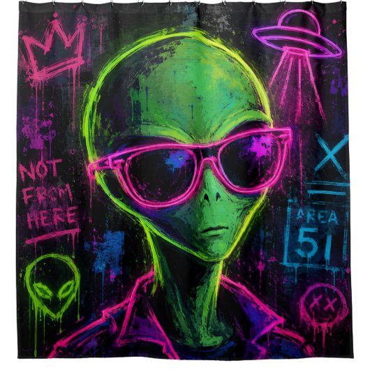 Cooler Neon-Alien Duschvorhang (Vorderseite)