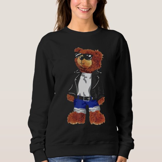 Cooler Niedlicher Teddy-Bär mit Sonnenbrille Leder Sweatshirt (Vorderseite)