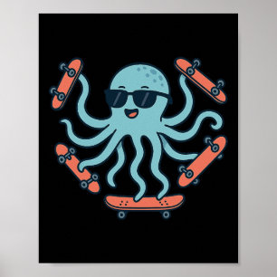 Cooler Oktopus Skateboard Cartoon Poster