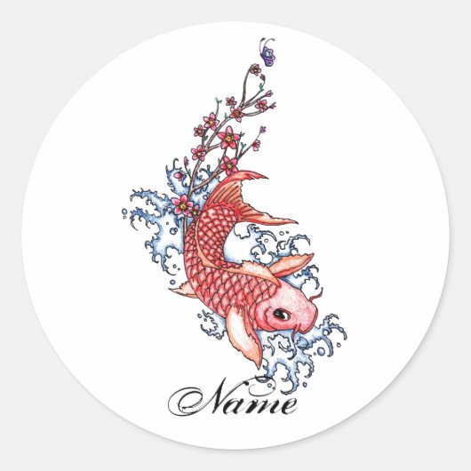 Cooler Oriental Red Koi Carp Blume Tattoo Runder Aufkleber (Vorderseite)