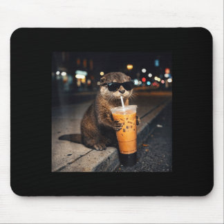 Cooler Otter, der eisgekühlten Milchkaffee trinkt, Mousepad