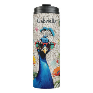 Cooler Pfau mit Blumen und Spitze in der Sonnenbri Thermosbecher