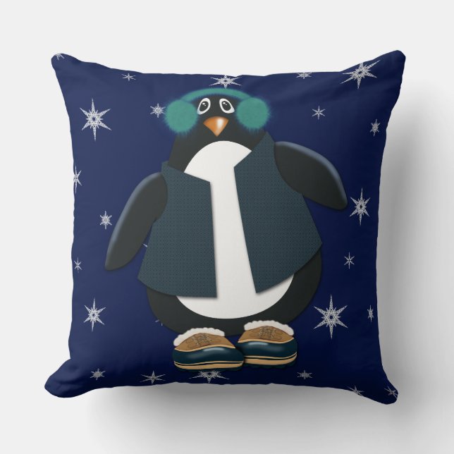 Cooler Pinguin | Night Sky Snowflakes Kissen (Vorderseite)