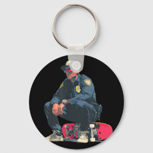 Cooler Polizist mit Sonnenbrille und Skateboard fü Schlüsselanhänger
