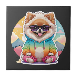 Cooler Pomeranian in Regenbogen-Kapuzenpullover Fliese