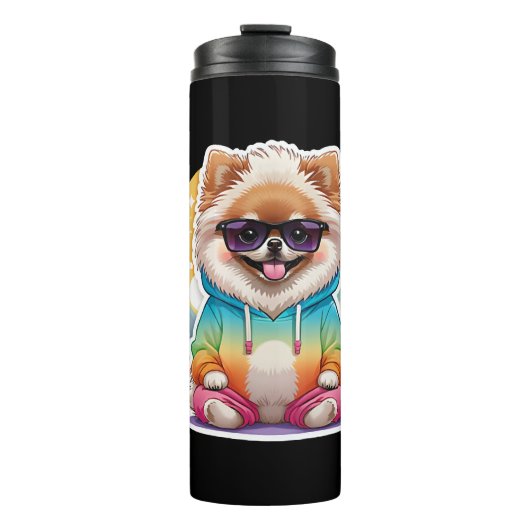 Cooler Pomeranian in Regenbogenpullover Thermosbecher (Vorderseite)