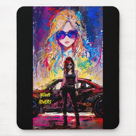Cooler Pop Art animiert Rennfahrerin editierbar Mousepad (Vorne)