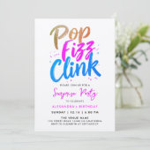 Cooler Pop Fizz Clink Pink Blue Calligraphy Script Einladung (Stehend Vorderseite)